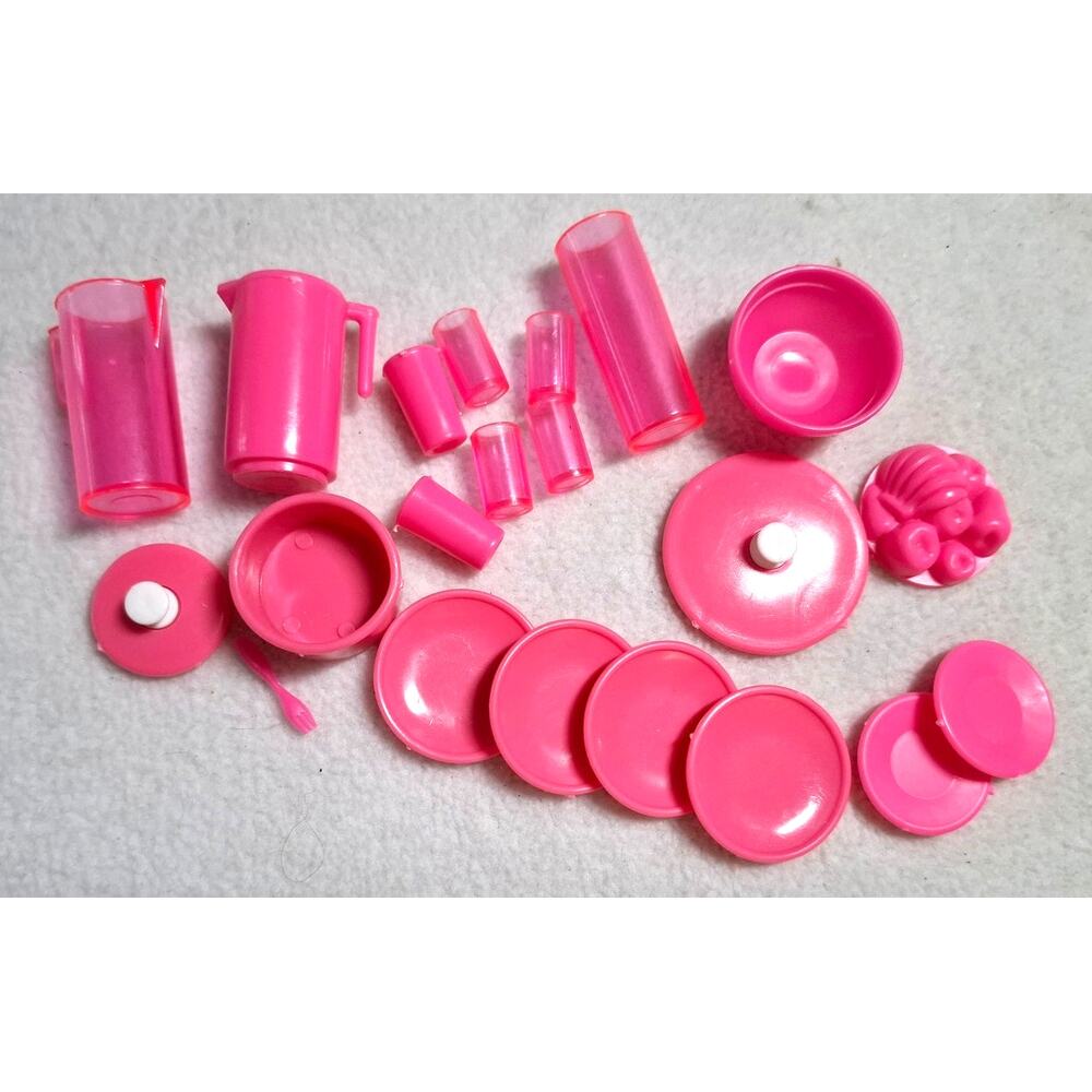 Vtg 17 Pc Lot Barbie Size Pink Kitchen Accessories Pitcher Plate Lids Bowl Clear